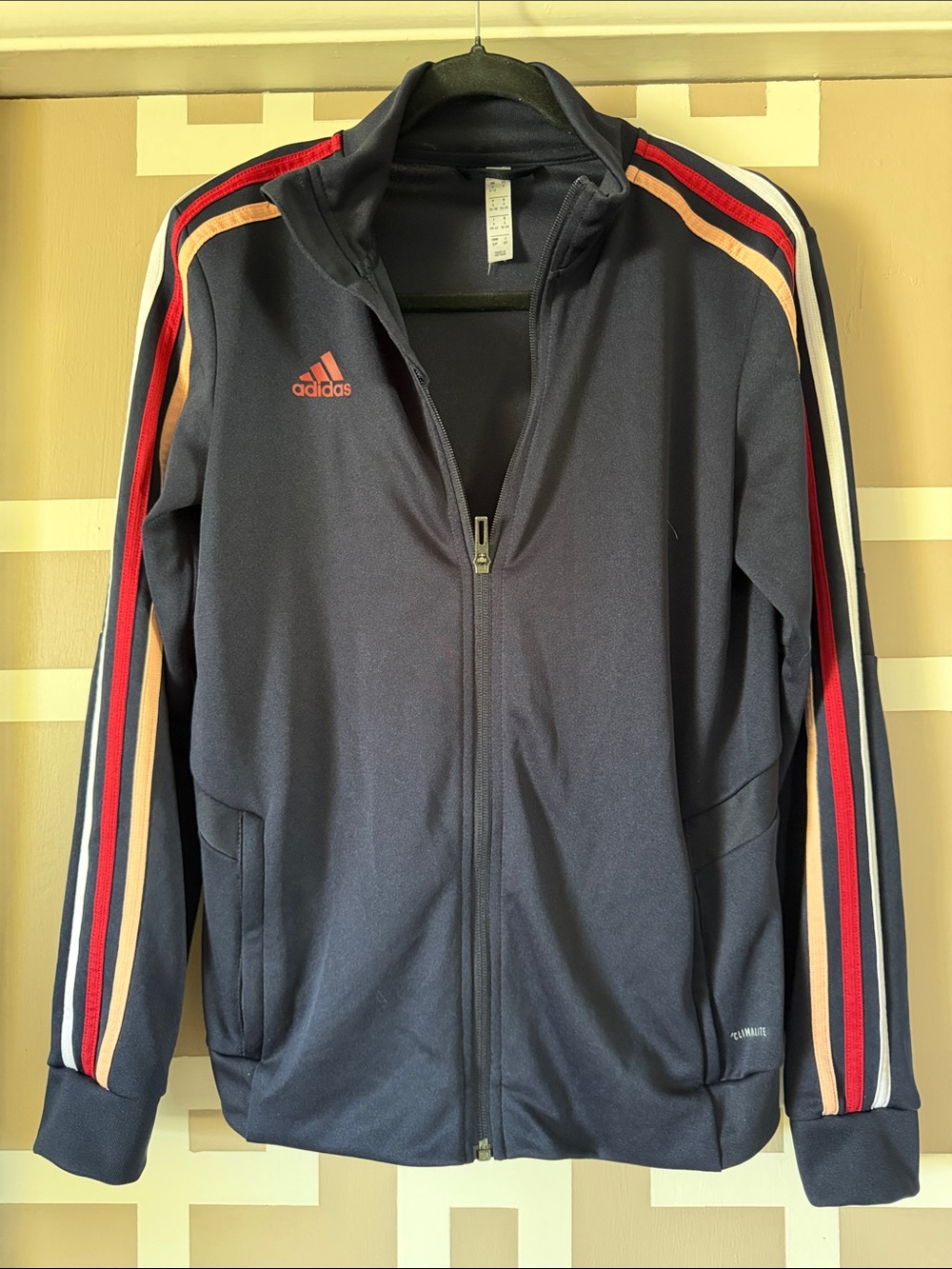 adidas Navy Tiro Track Jacket with Red/Peach/White Stripe Accents, Women’s Sz S